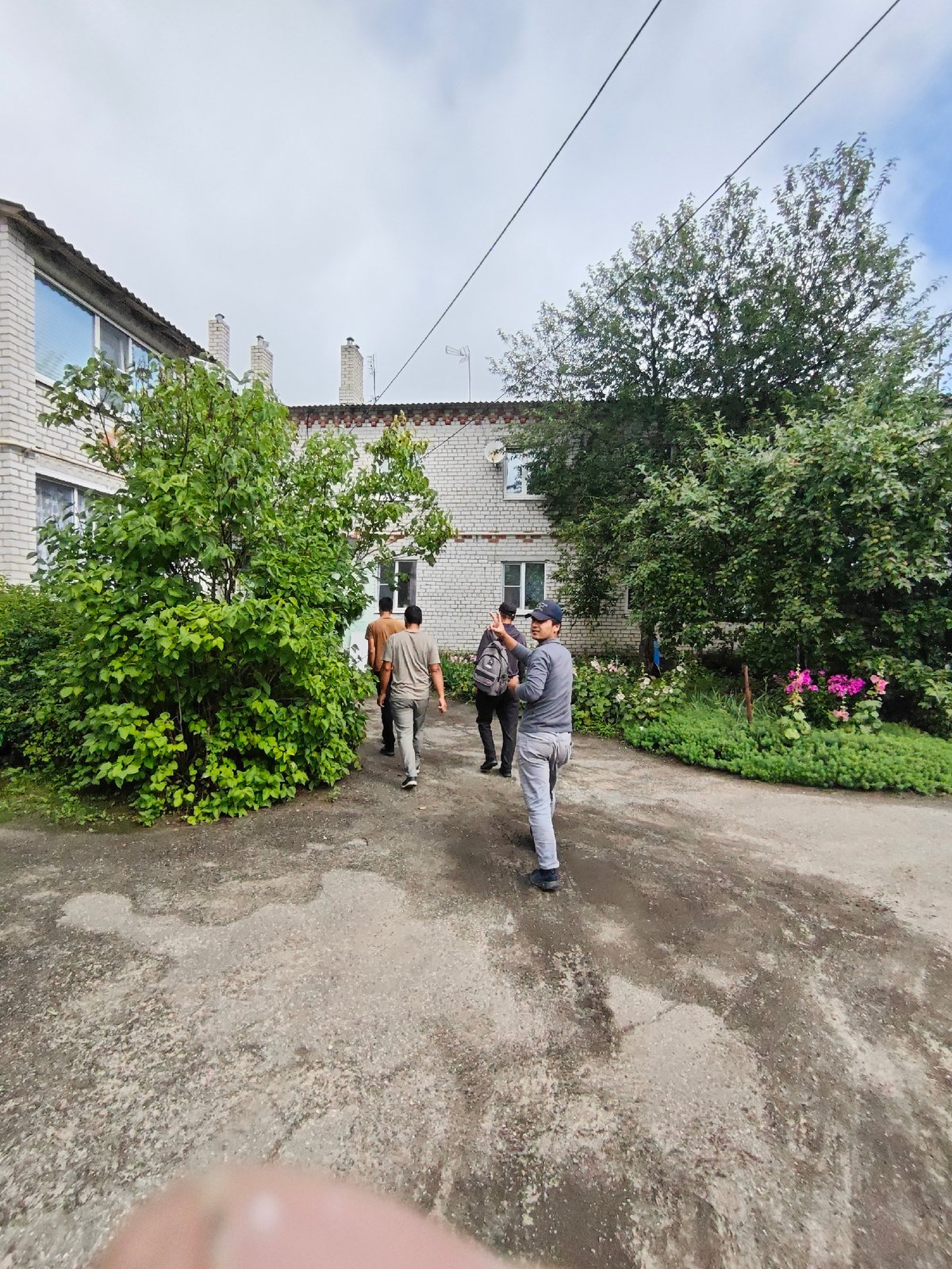 Morning activity around a brick house and wooded grounds