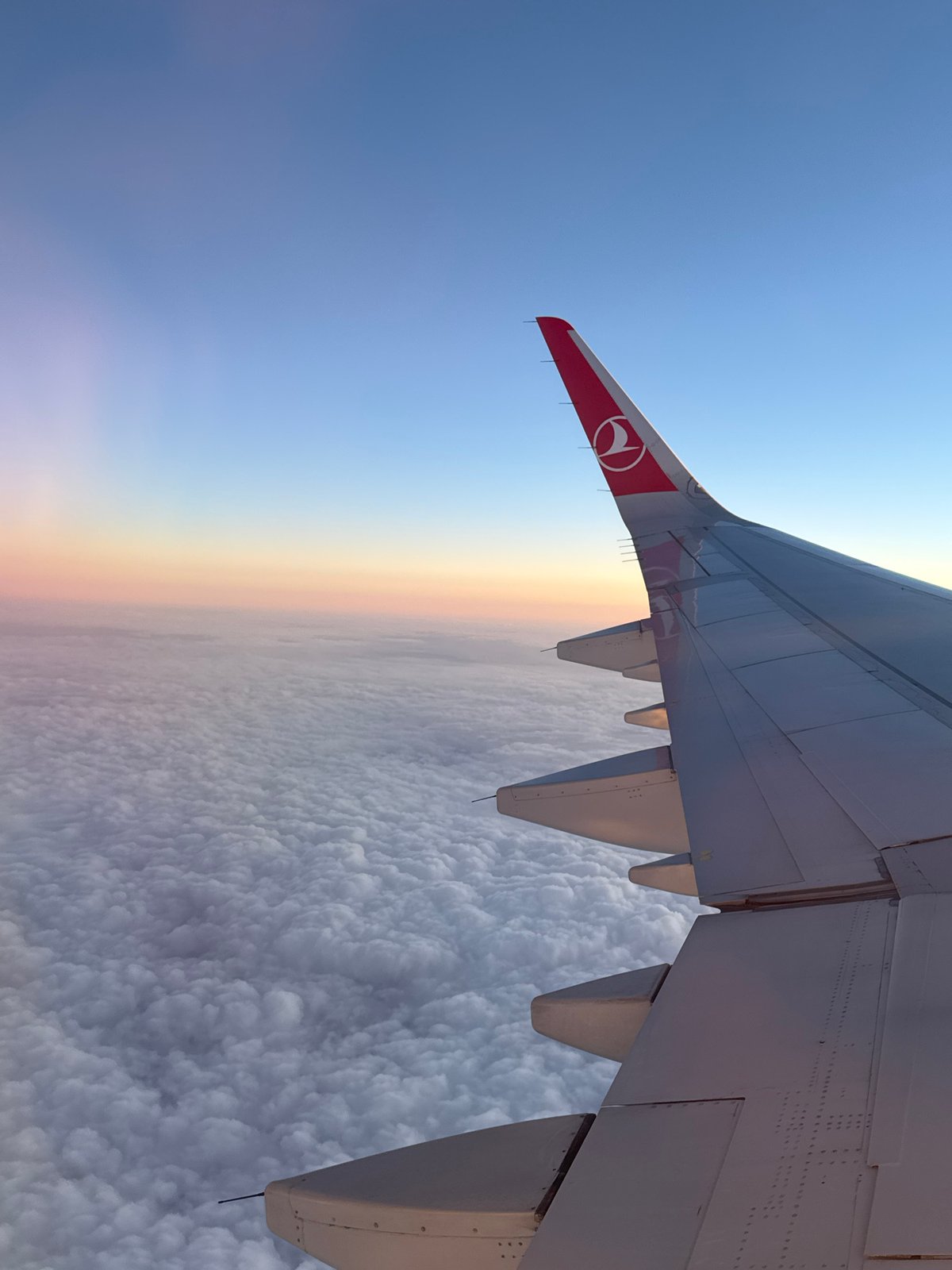 Turkish Airlines flight captured in aerial view at sunset