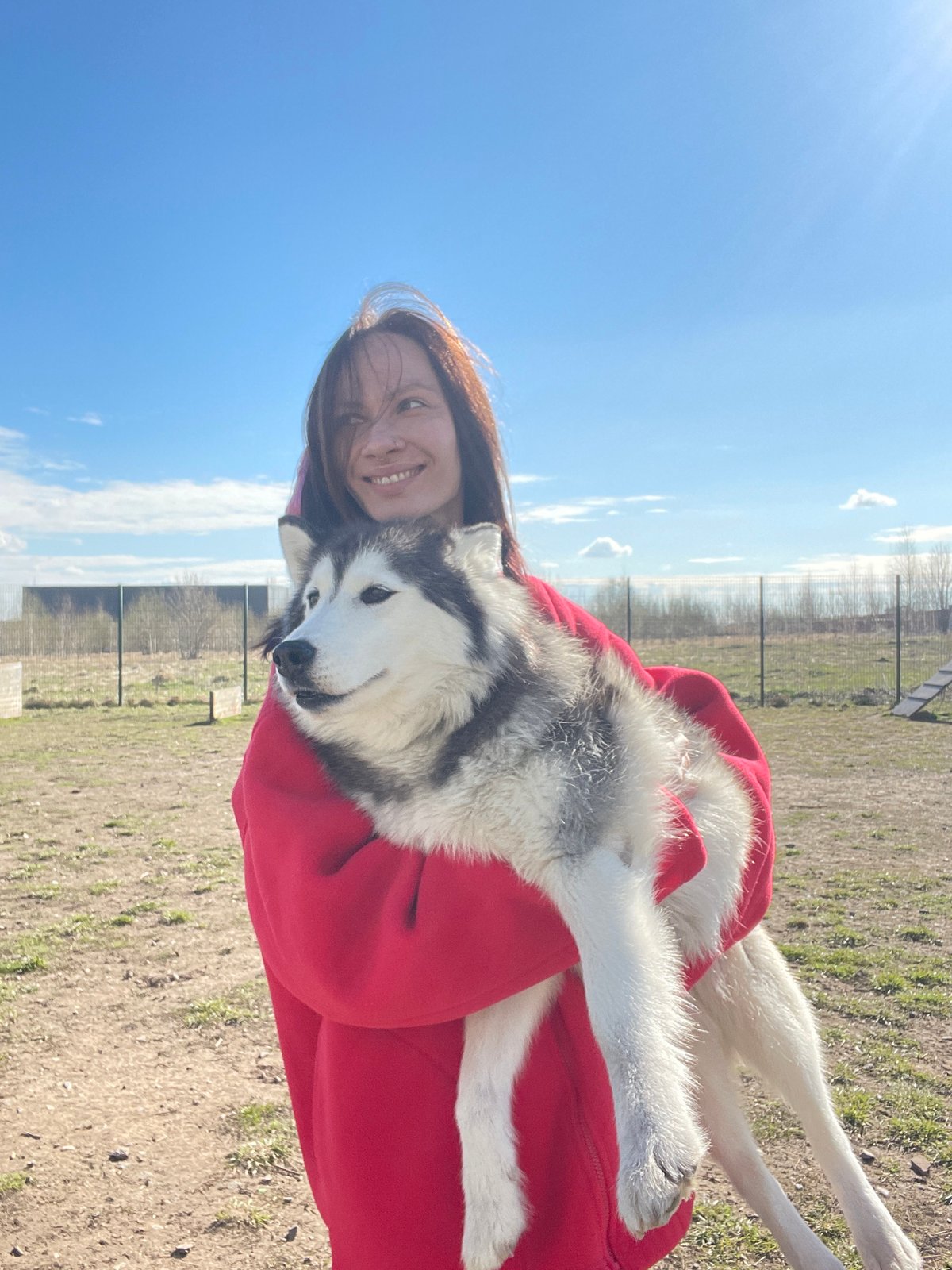 Woman poses with husky dog in early morning Izhevsk photos