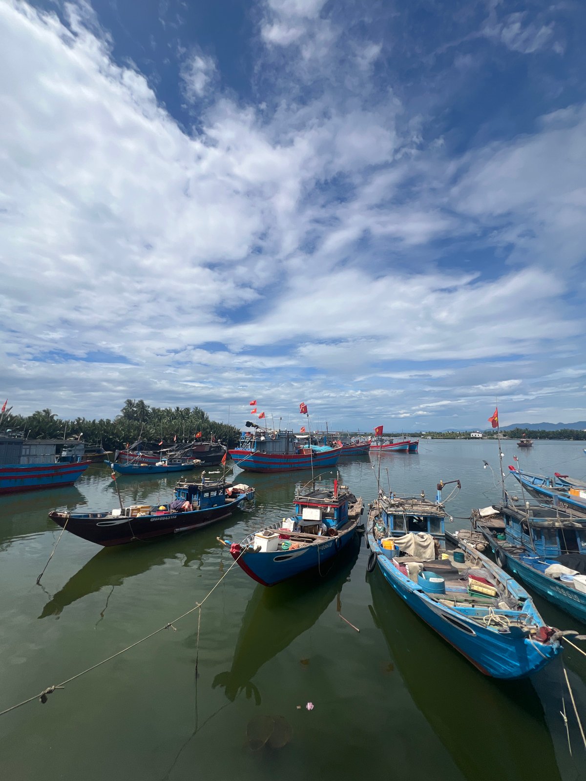 Fishing boats and aquaculture farms along the Hoi An waterfront
