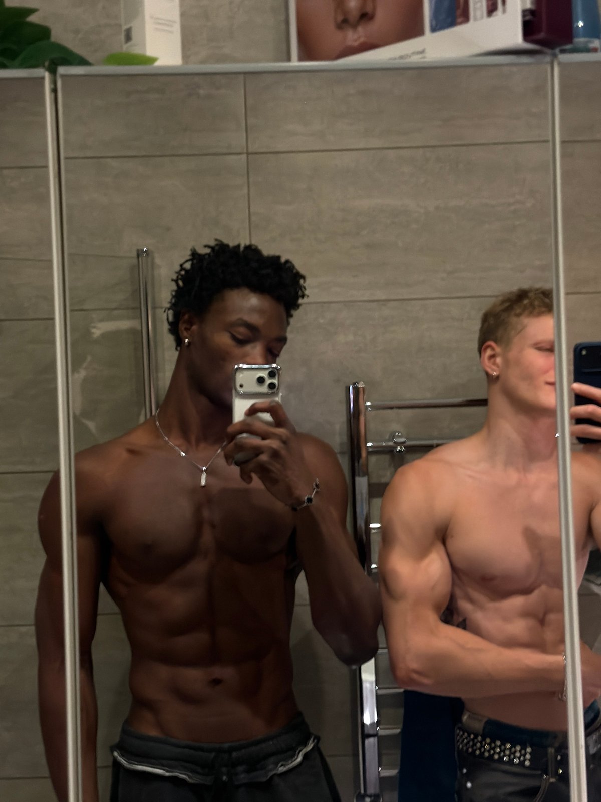 Two men take mirror selfies in London bathroom