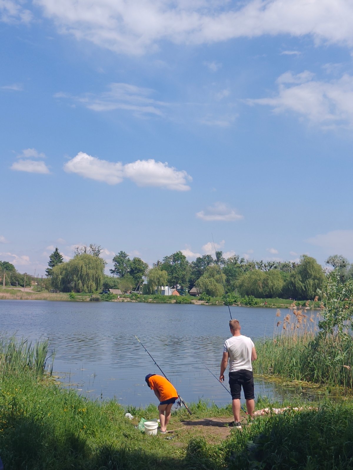 Sunny fishing morning at Bobrivnyk lake draws peaceful observers