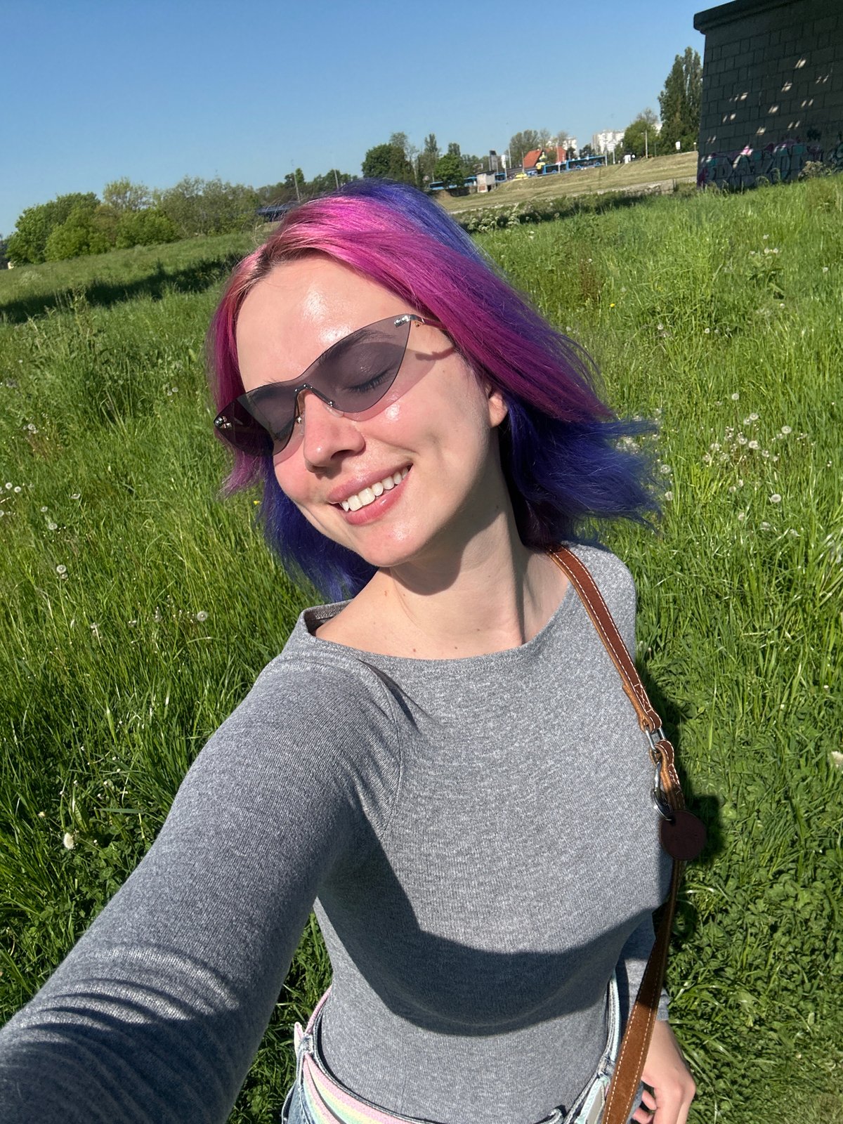 Woman with colorful hair rests in Zagreb field