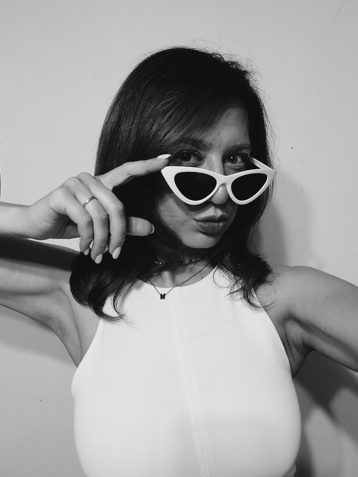 Studio portrait session in Sofia, cat-eye sunglasses, editorial style