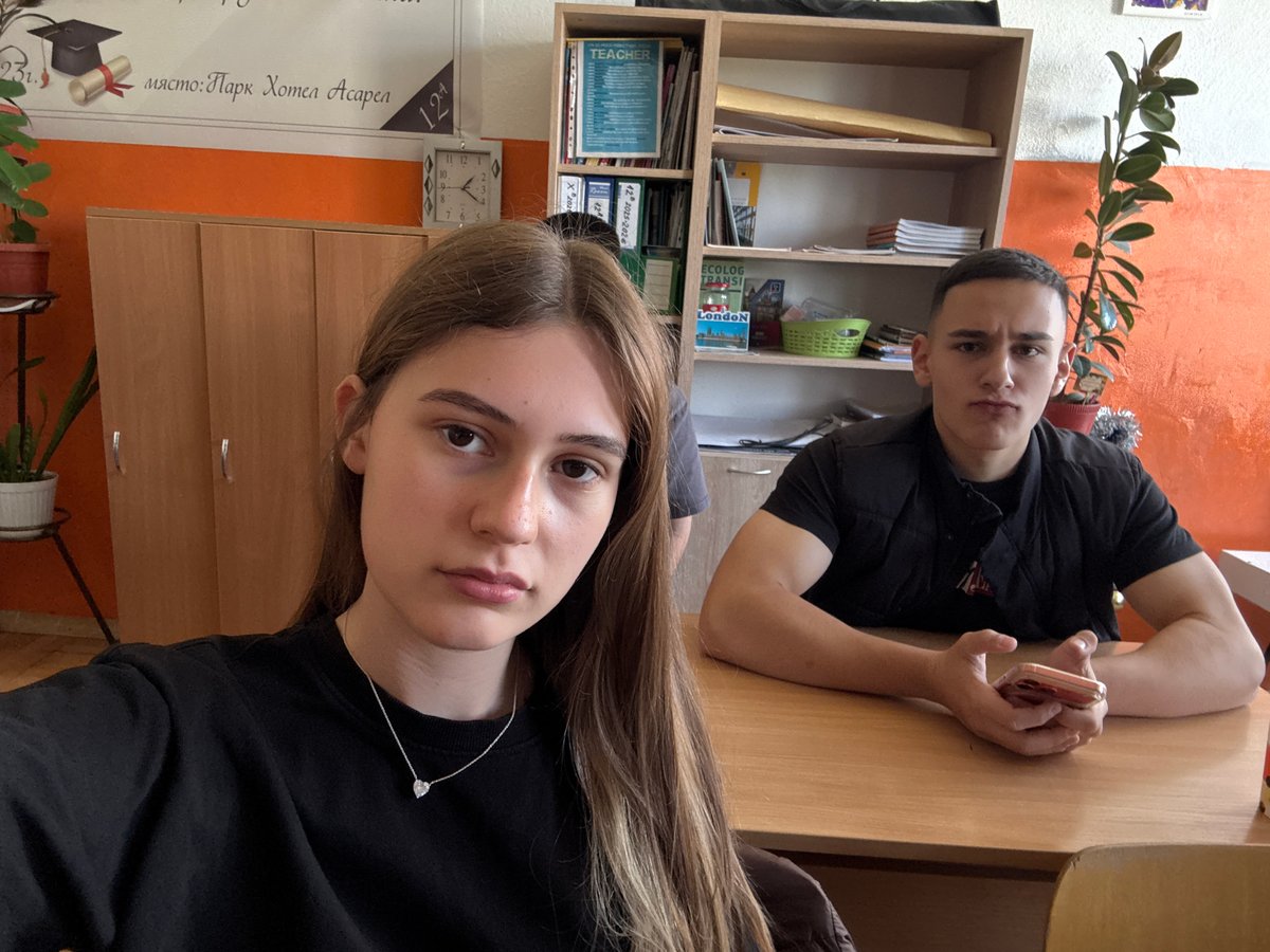 Students take selfies during classroom break in Panagyurishte, Bulgaria