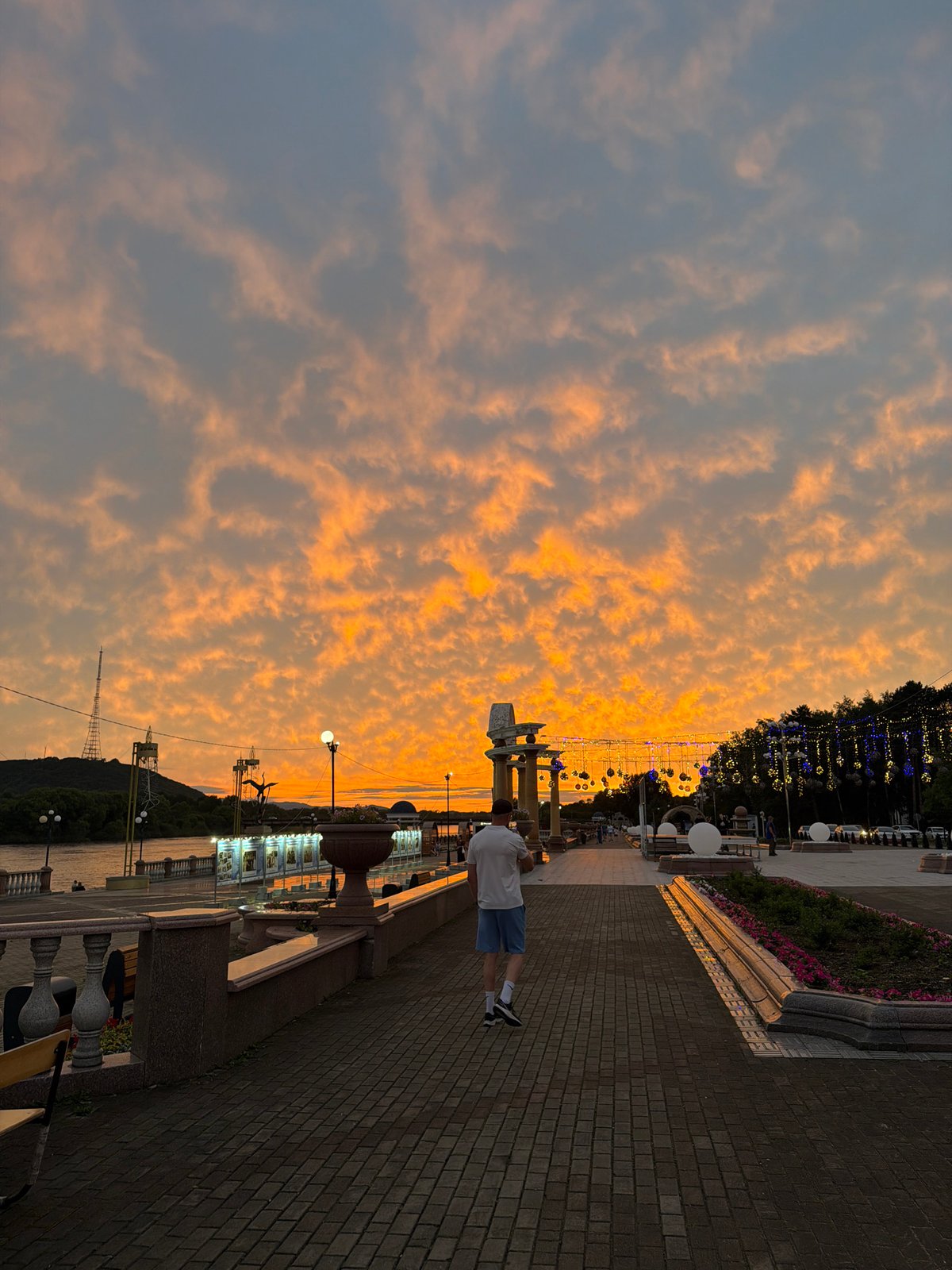 Sunset evening along Birobidzhan's Amur River embankment