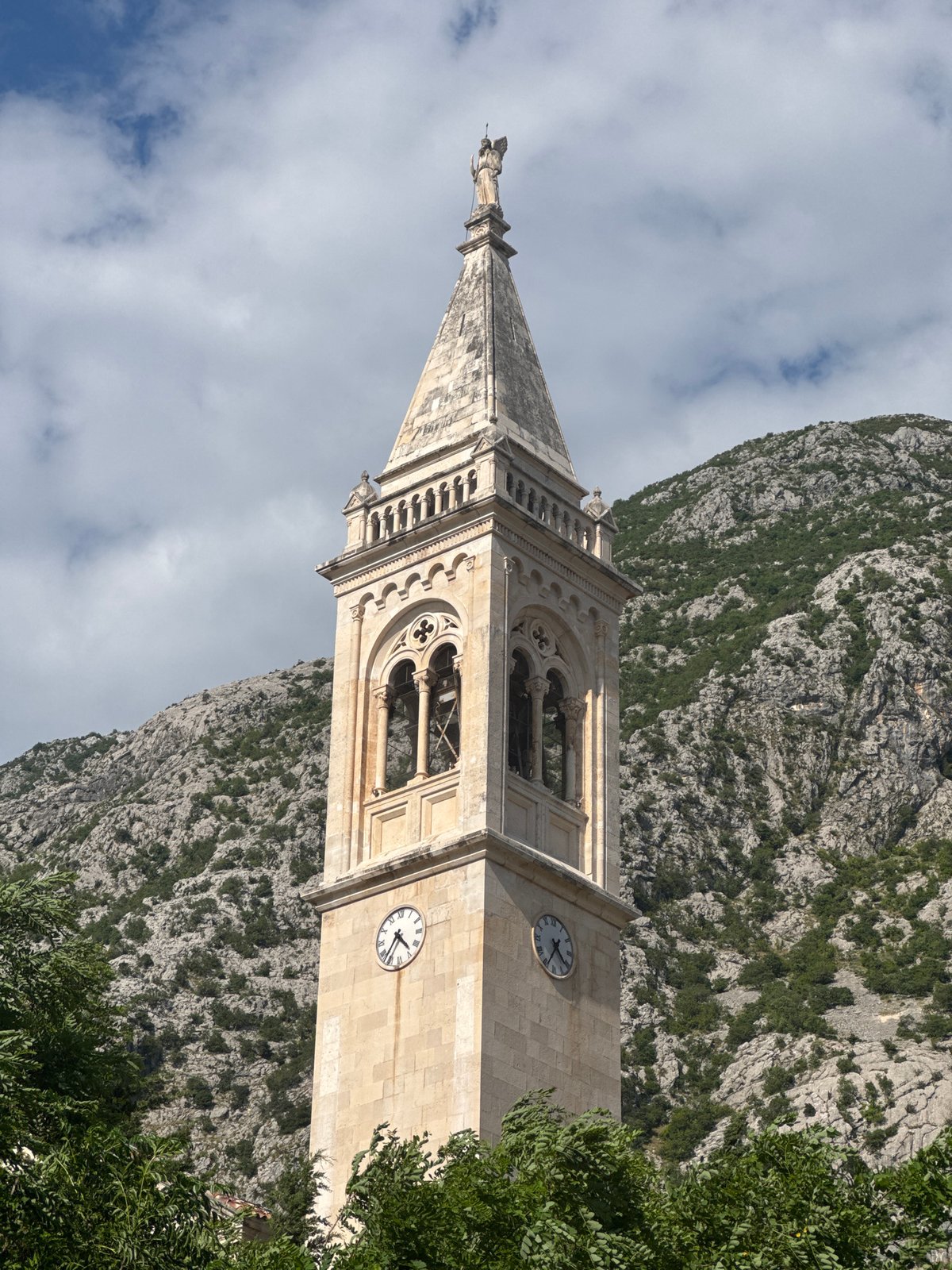 Saint Eustachius clock tower photographed in Dobrota, Montenegro