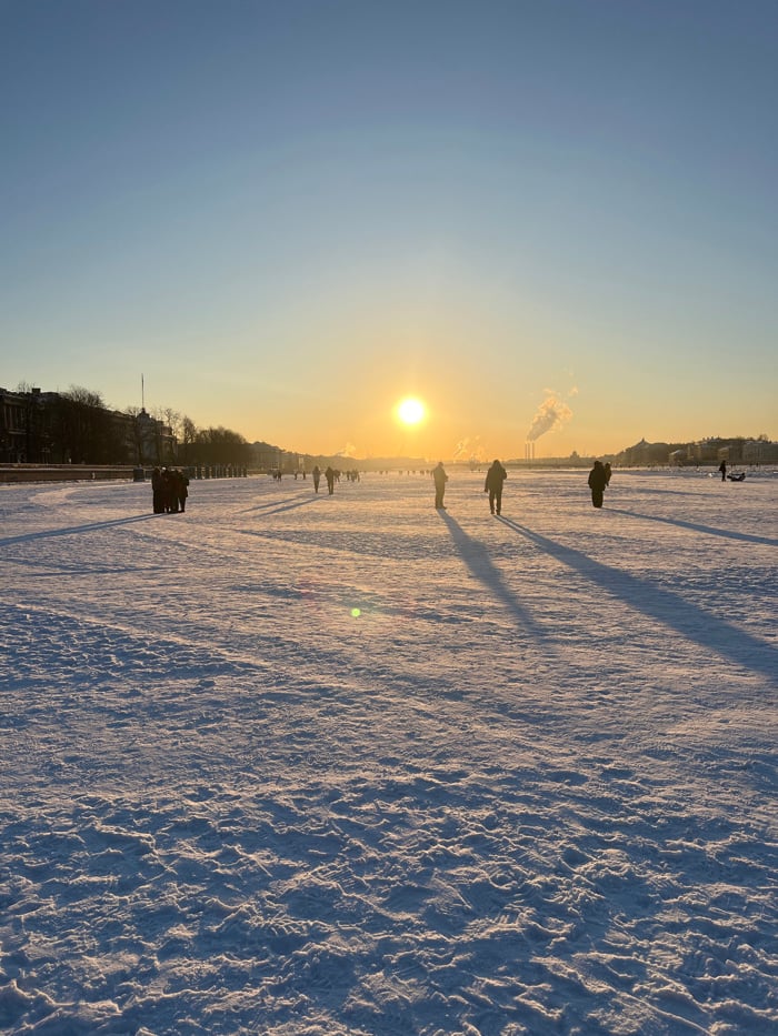 Winter activities flourish on frozen Neva River in Saint Petersburg