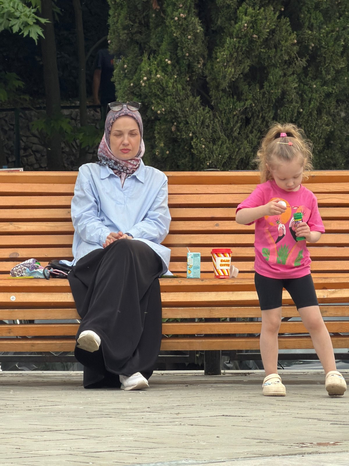Lazy afternoon on Partenit's promenade: people, pets, and roses