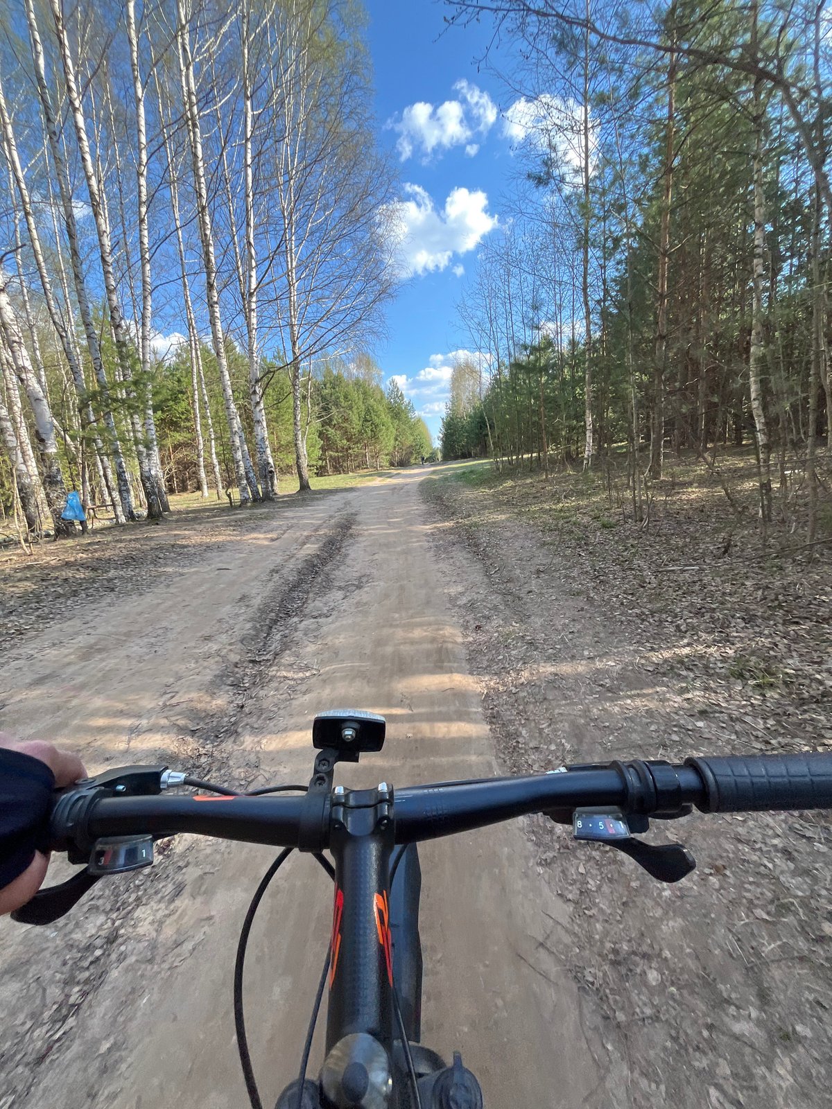 Cyclist takes forest selfie during sunny ride in Chaikovsky