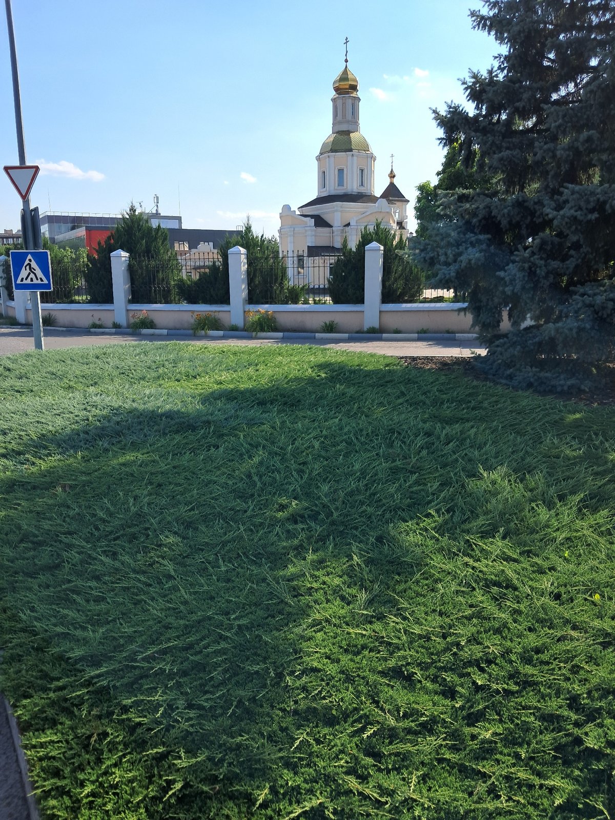 Paved road beside a fenced wall with manicured grounds