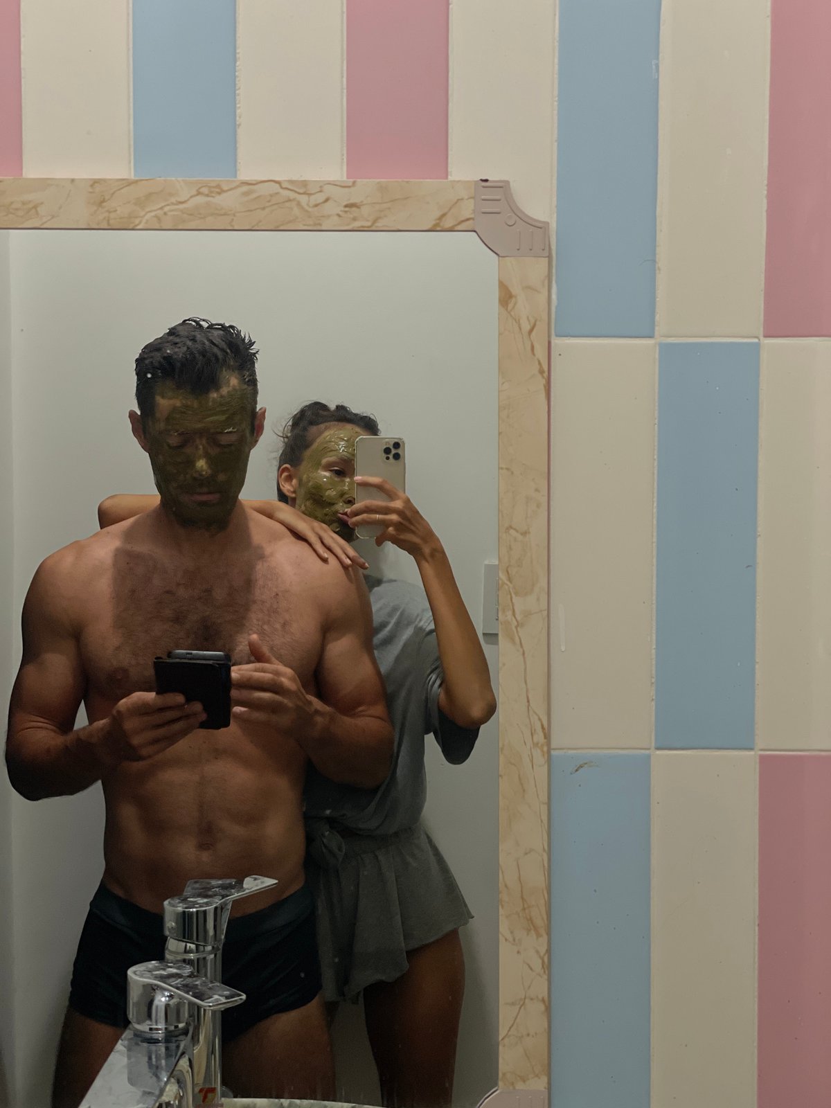 Couple enjoys spa night with green face masks in Vietnam