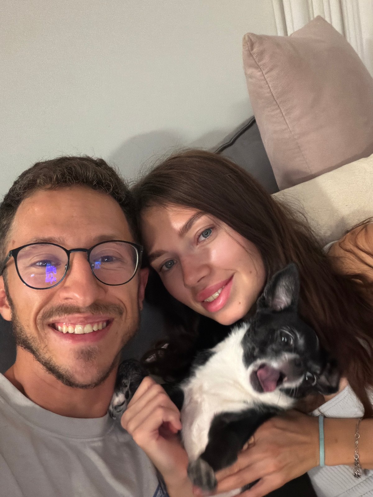 Casual moments captured with couple, dog, and woman relaxing
