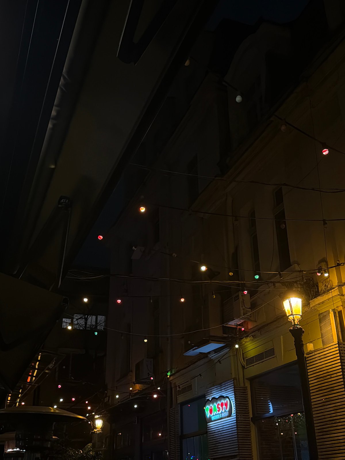 Evening dining scene with lights, heater observed in Plovdiv