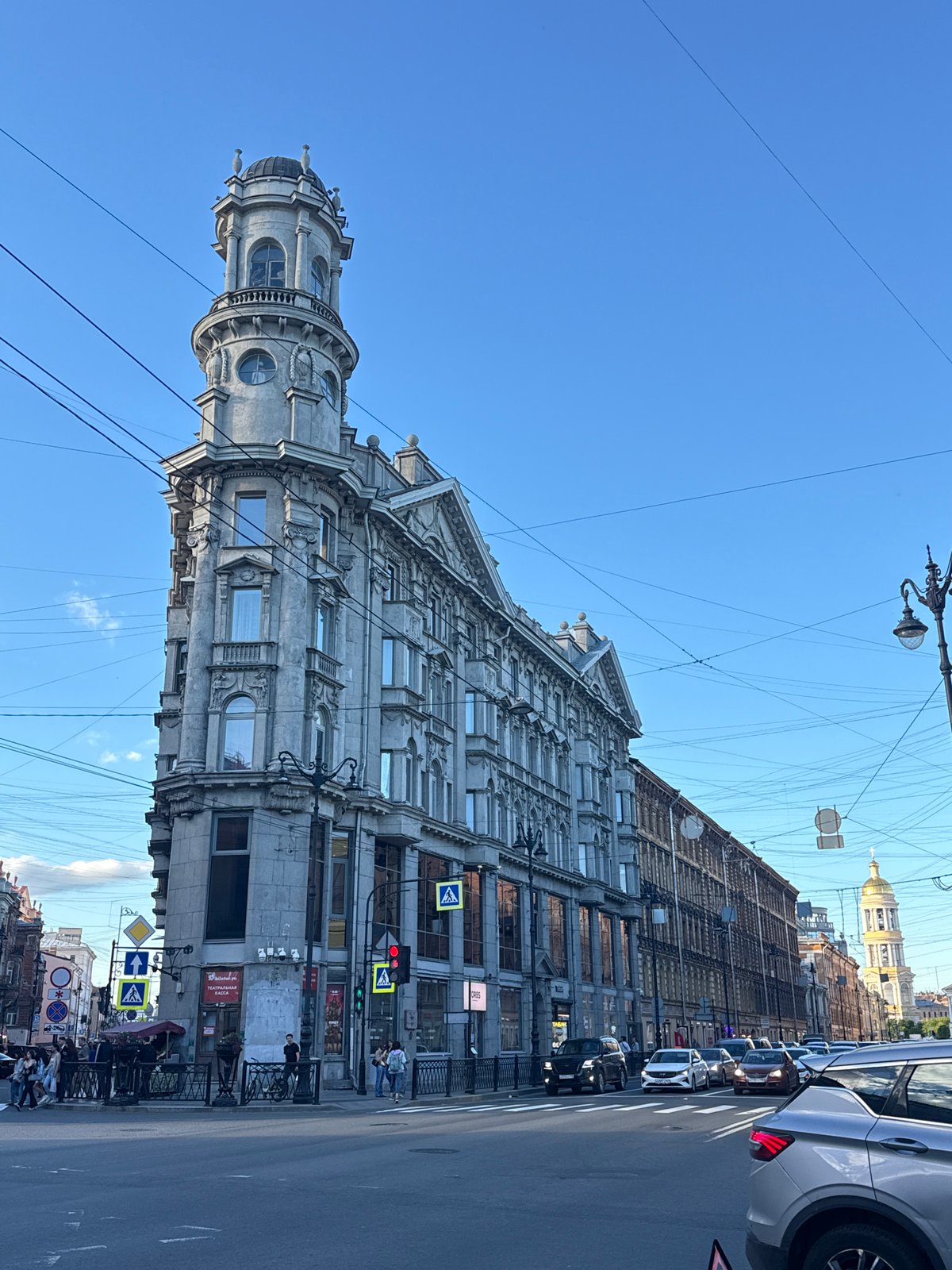 Saint Petersburg bar scene with motorcycles and classic city streetscape