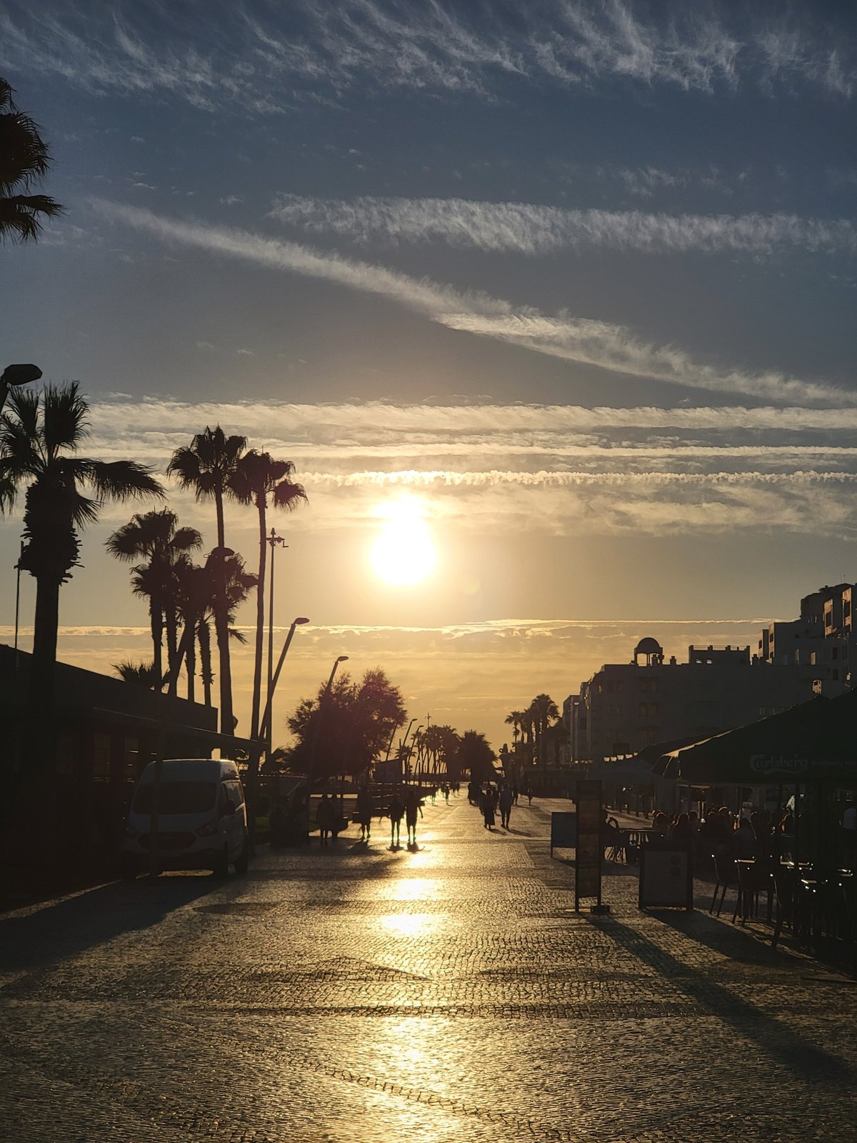 Sunset hour on the Quarteira beachfront, Algarve