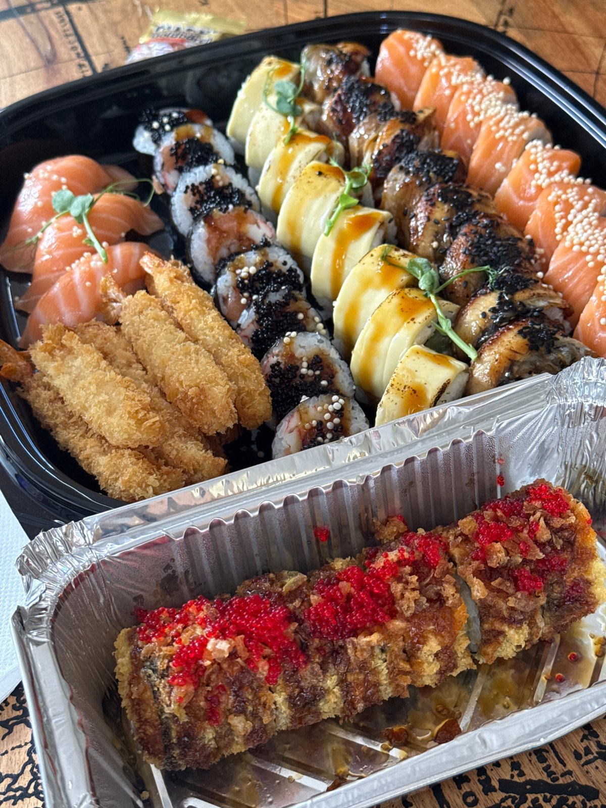 Sushi platter and foil container, Prague takeout