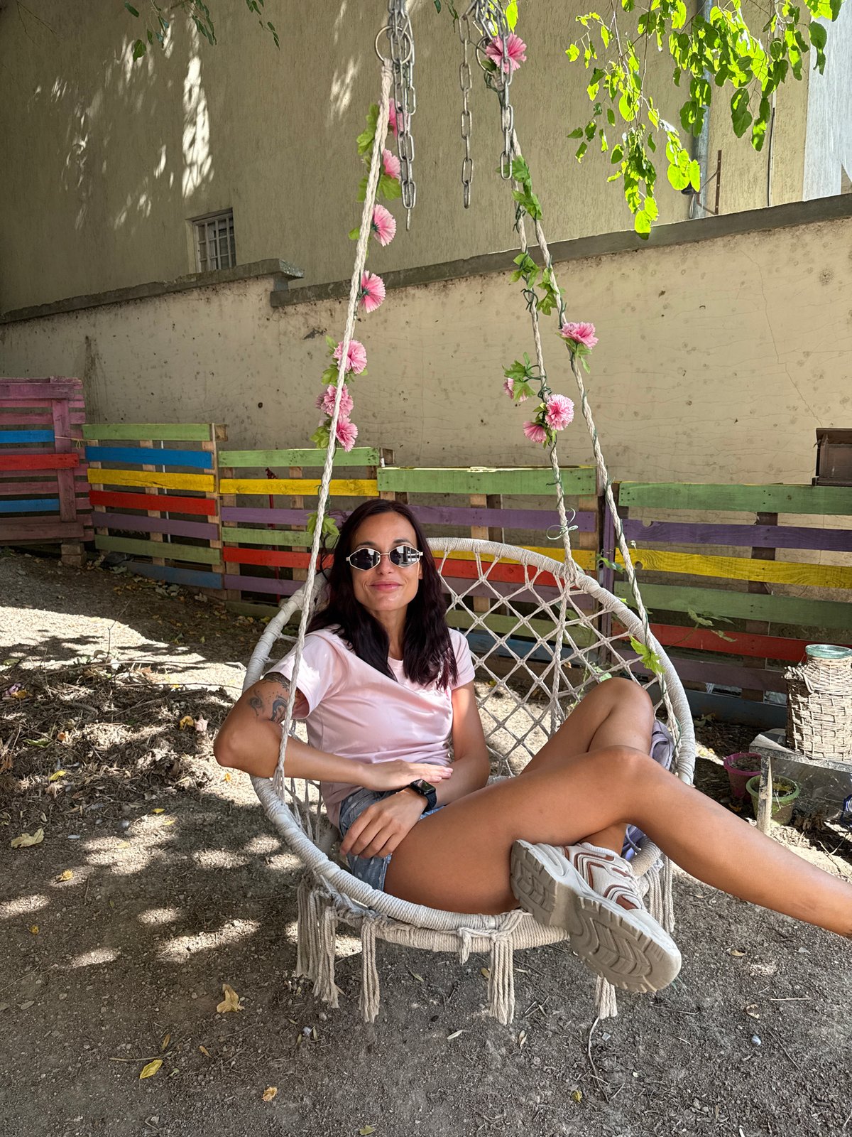 Relaxing in a macrame swing chair in Pleven, Bulgaria