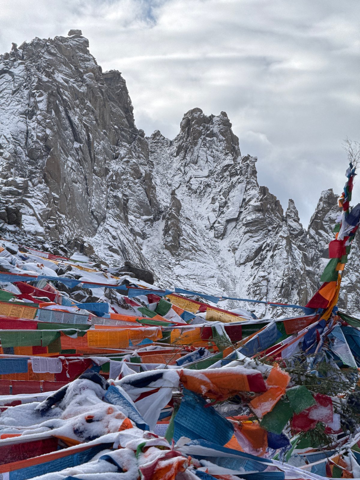 Buddhist prayer flags displayed on mountain landscape in China