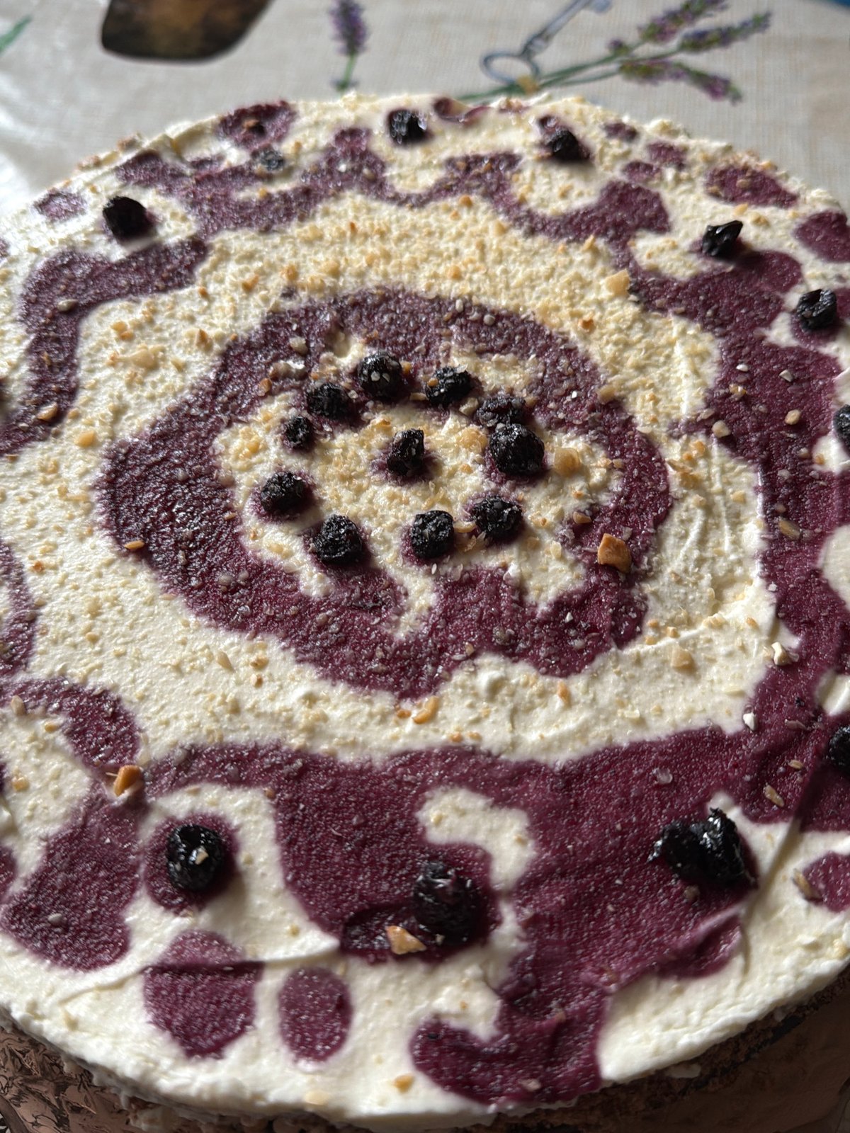 Blueberry cheesecake photographed from overhead in Stara Zagora, Bulgaria