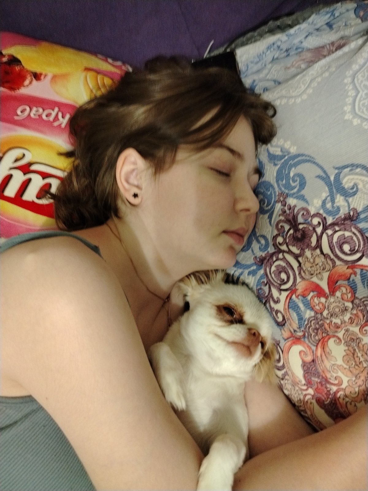 Lazy afternoon nap with a small white dog in Krasnoyarsk