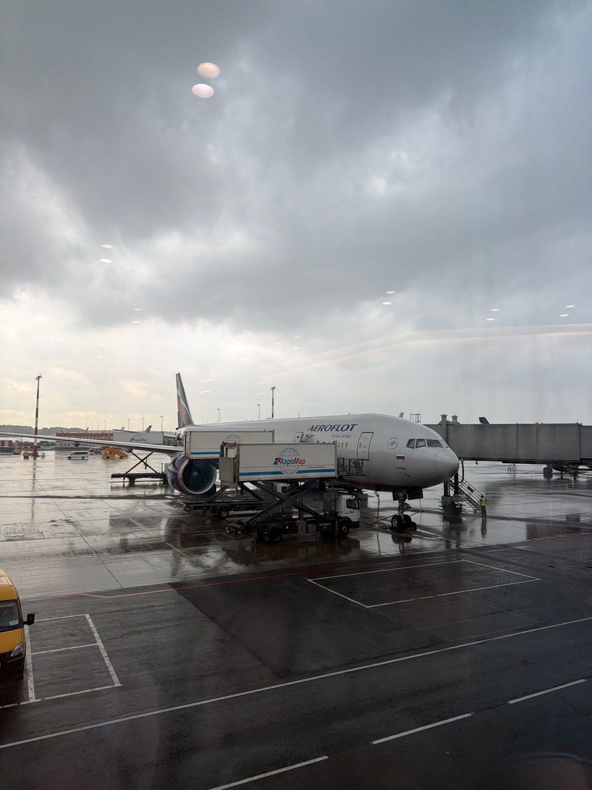 Airport scenes from Sheremetyevo with grounded Aeroflot flight