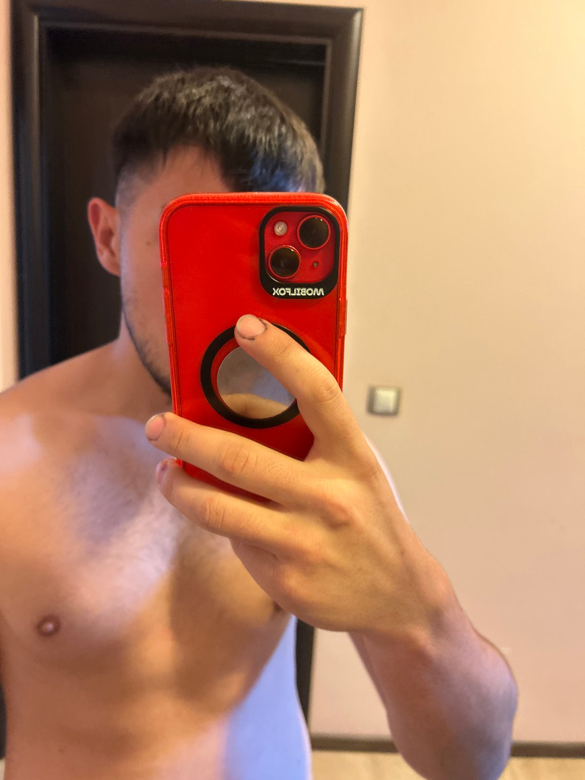 Mirror selfies across multiple stops, same red outfit throughout