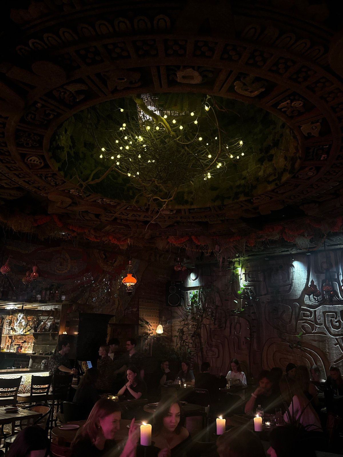 Mosaic bar interior documented in Moscow evening