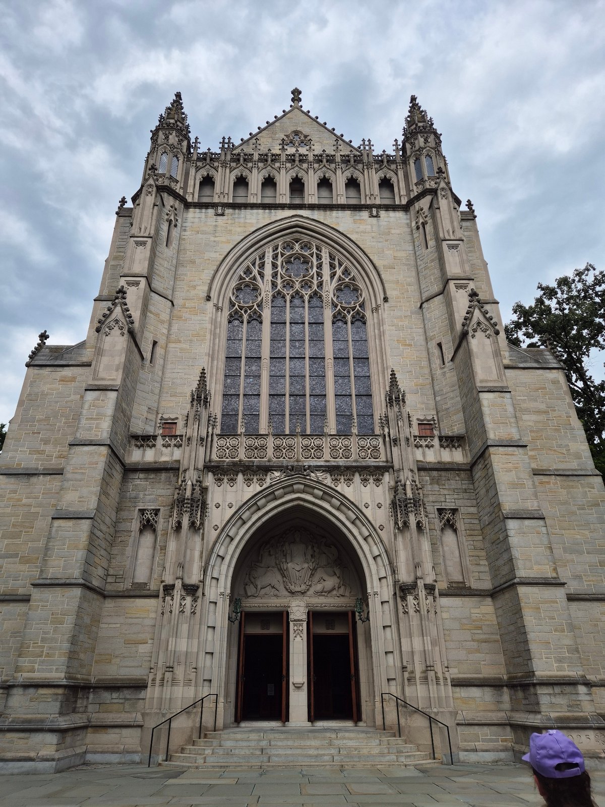 Inside and outside Princeton University Chapel on a summer evening