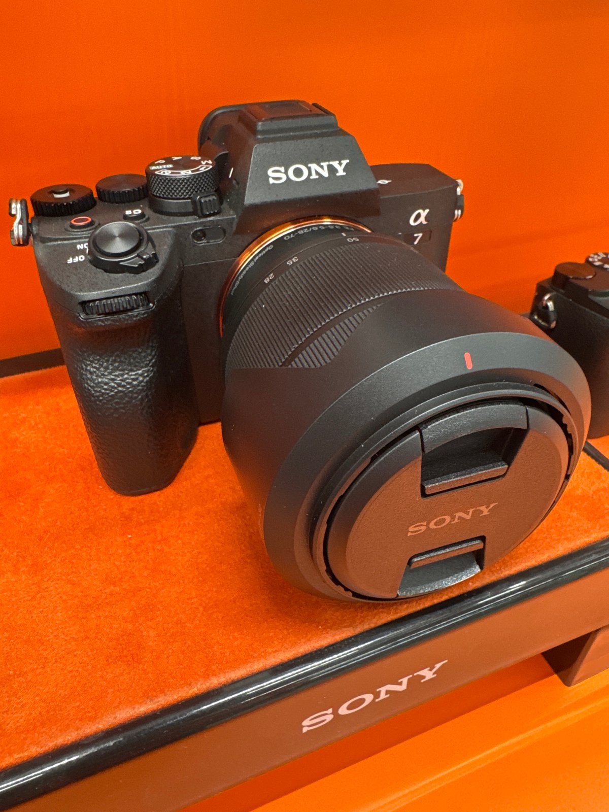 Sony cameras displayed on orange shelving in Sofia