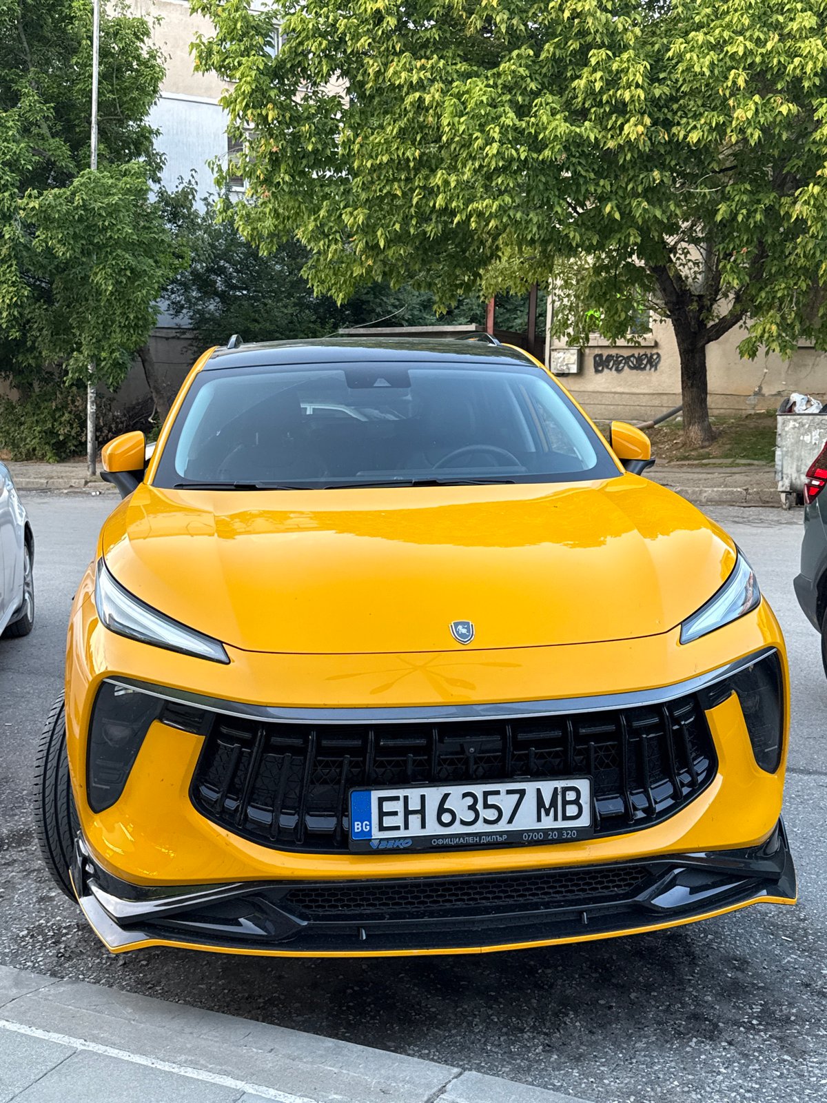 Yellow SUV parked outside graffiti-covered building in Pleven