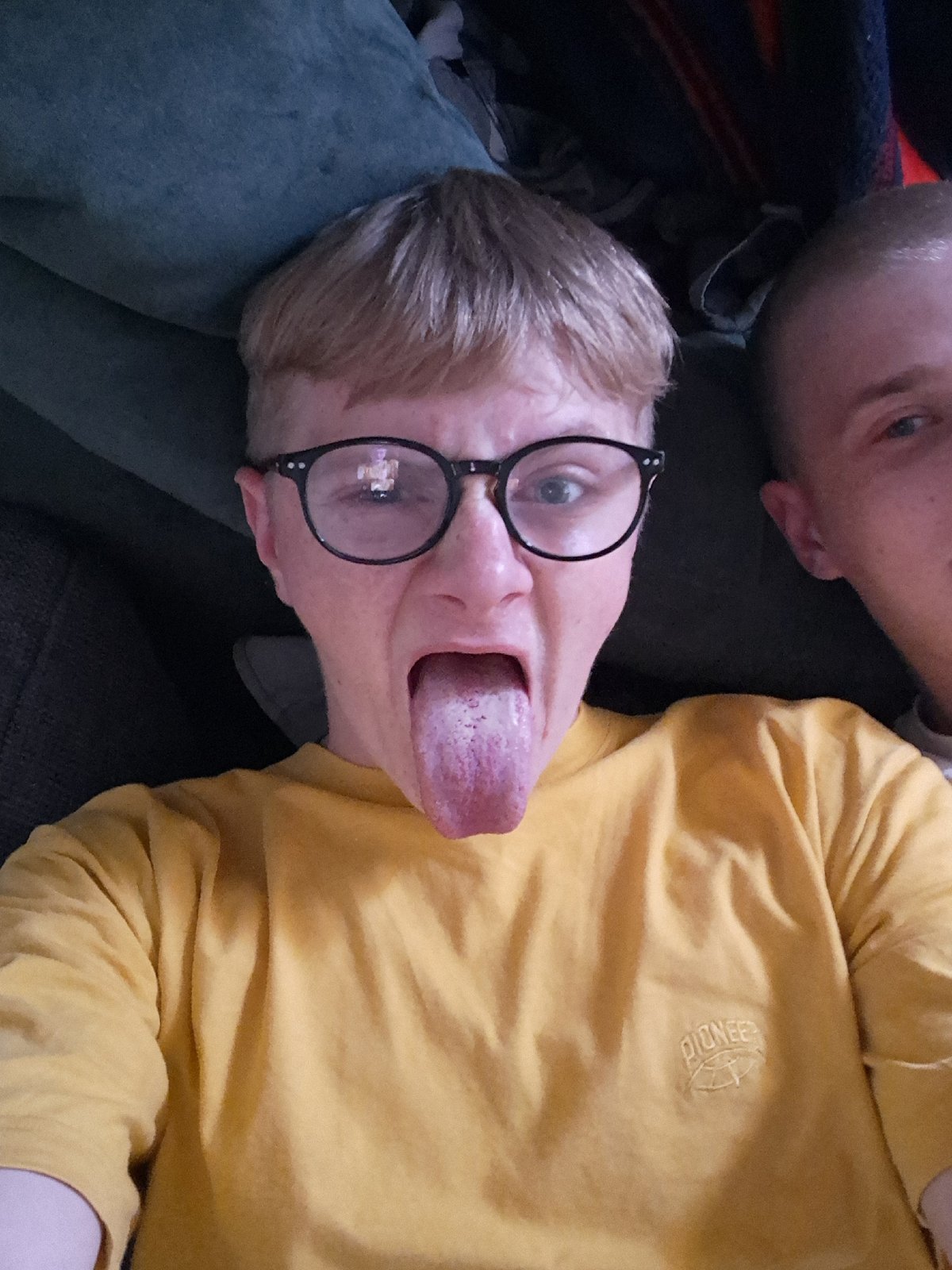 Friends lounging around, trading selfies and silly text graphics