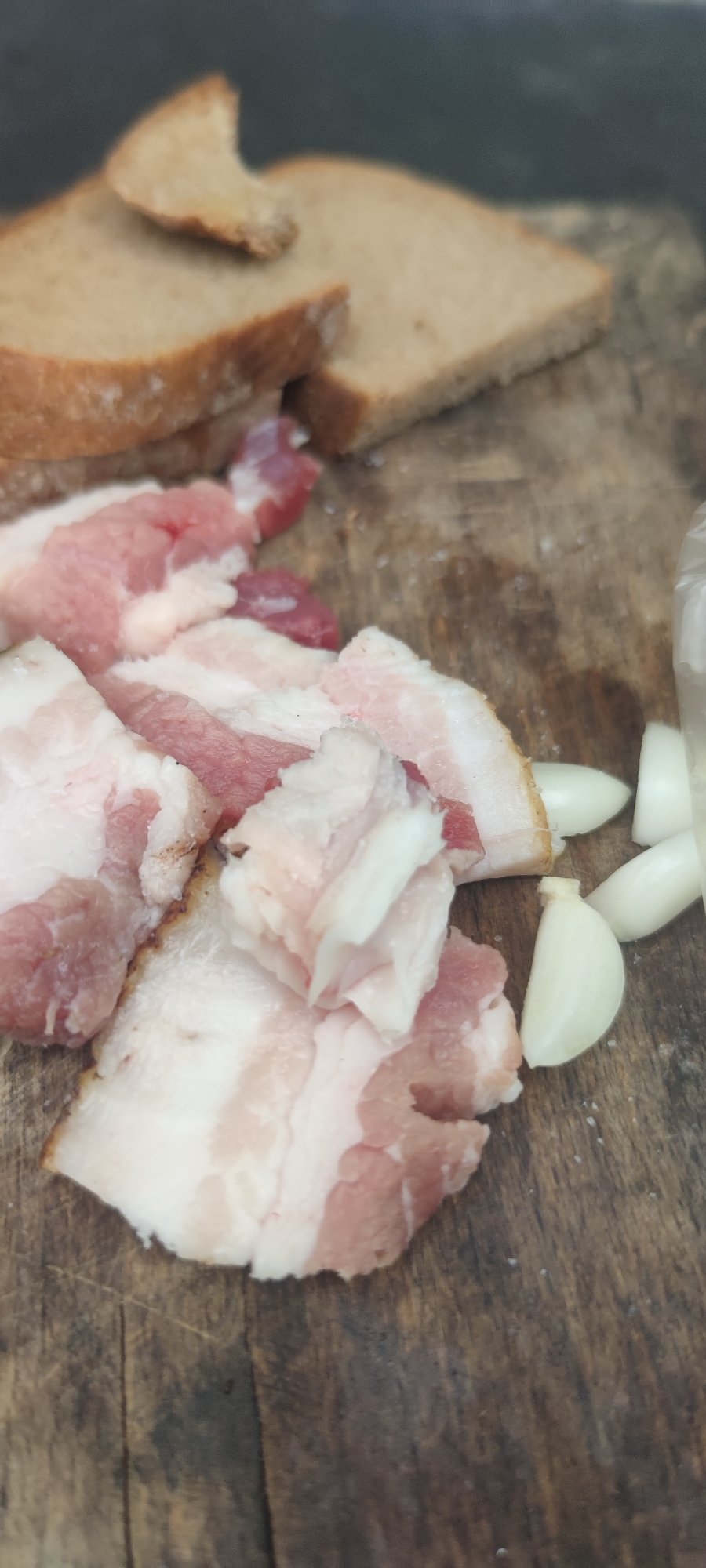 Cured pork, rye bread, and garlic on a rustic wooden board