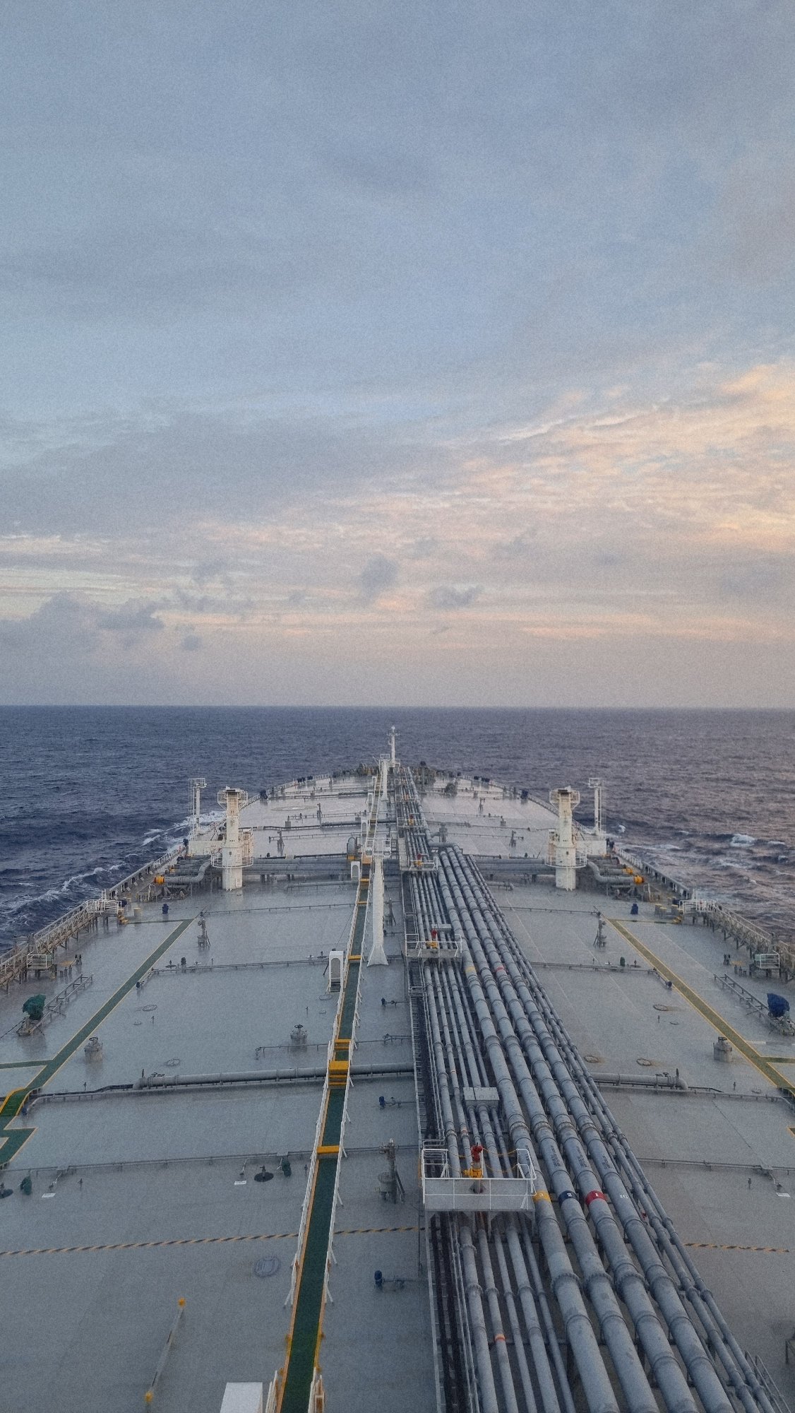 Tanker deck from above, pipes and open sea
