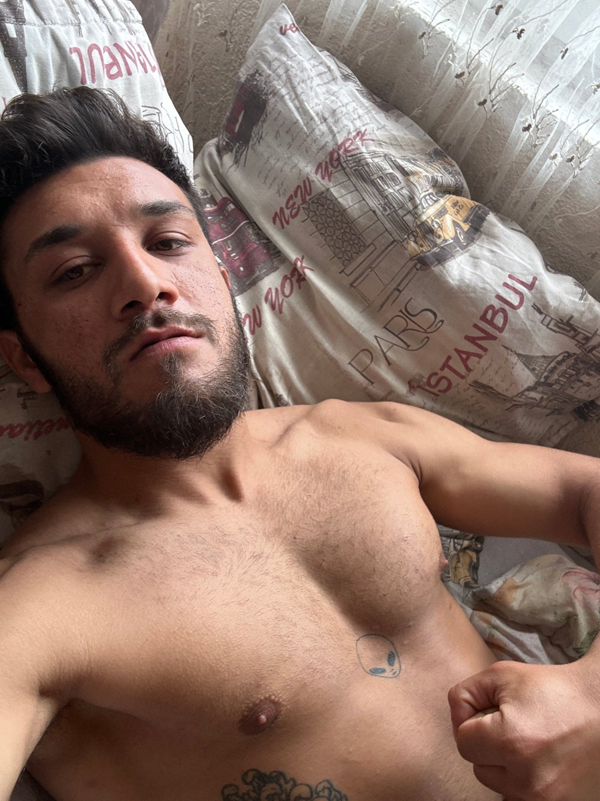 Shirtless man photographed on Eiffel Tower pillow in Bulgaria