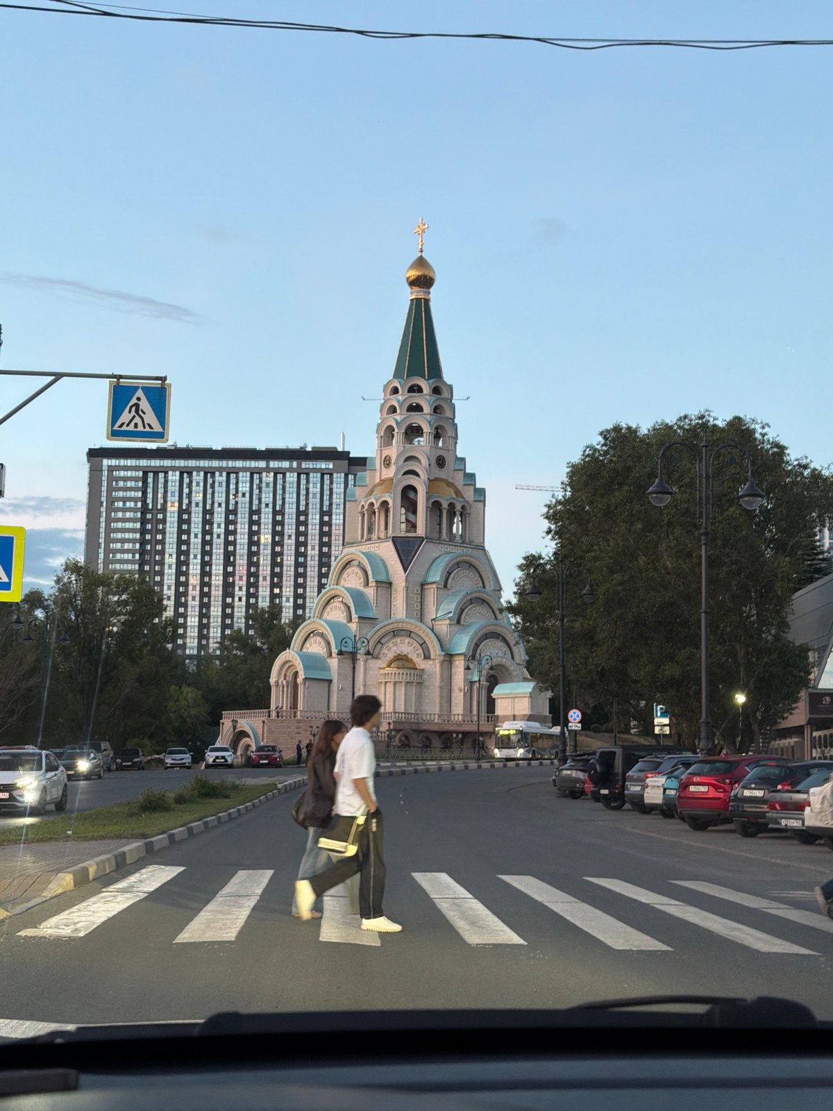 Evening street scene captured featuring Orthodox church in Samara