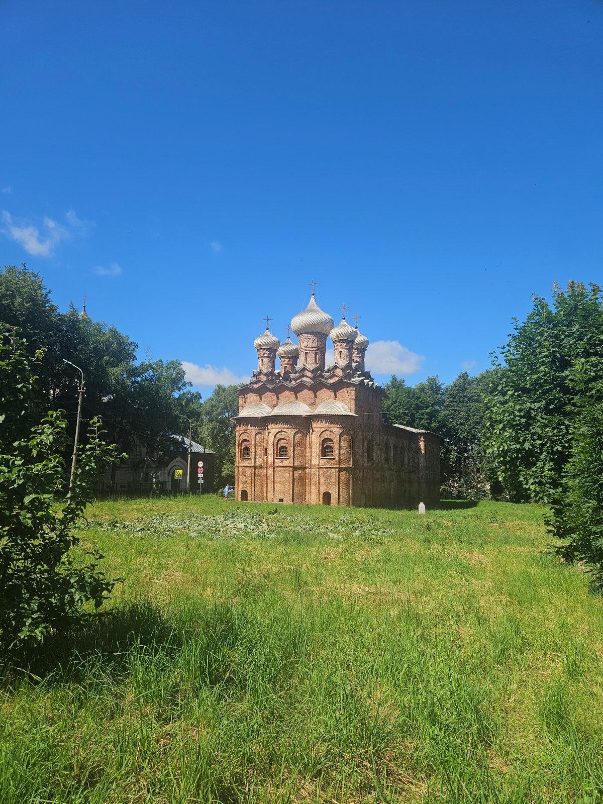 Red brick church and historic architecture in Veliky Novgorod