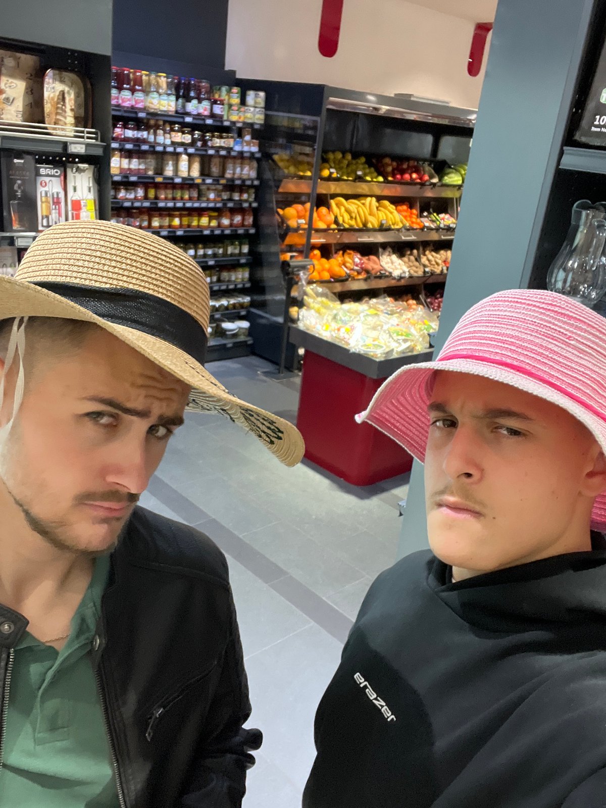 Two men take selfie in Bulgarian store