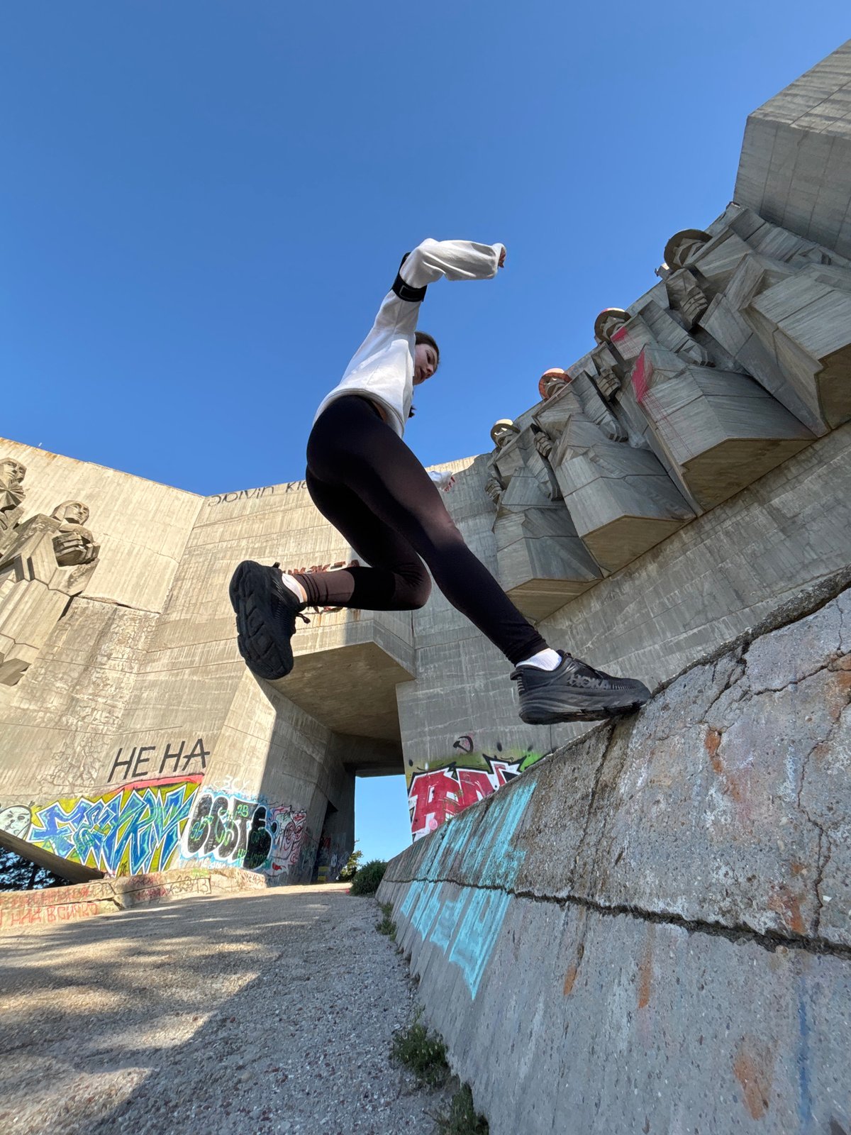 Acrobatic photoshoot at brutalist monument in Varna, Bulgaria