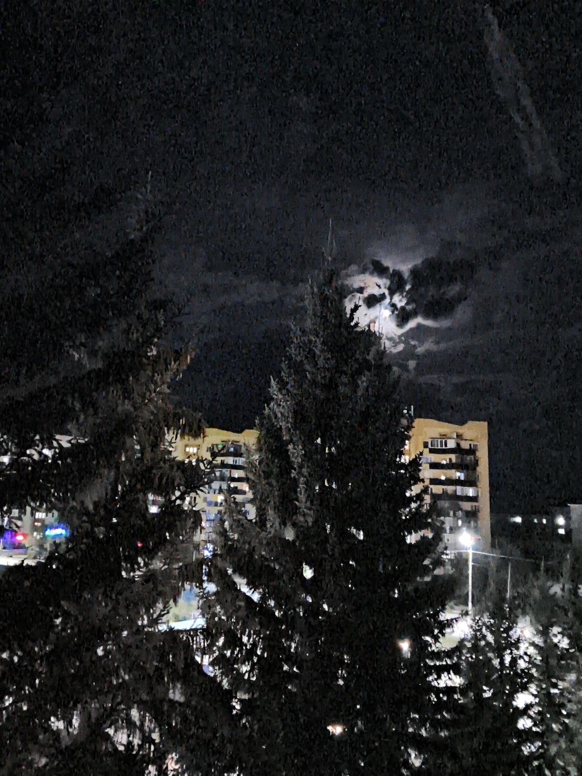 Moonlit night sky over Shchuchinsk with silhouettes below