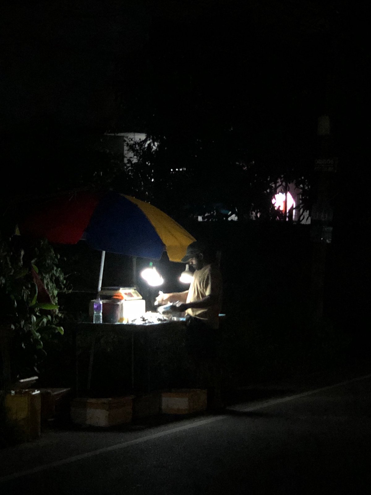 Nighttime food vendor operates illuminated roadside stall