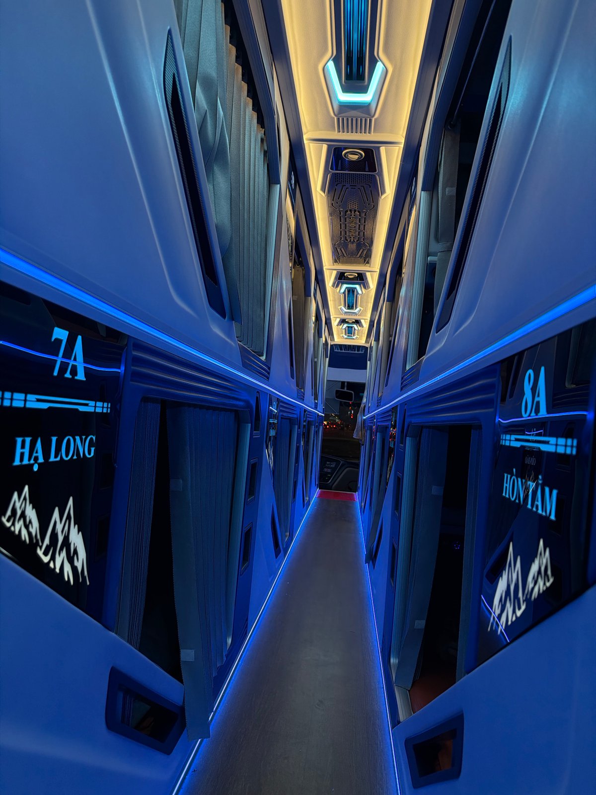 Modern sleeper bus interior documented in Hanoi