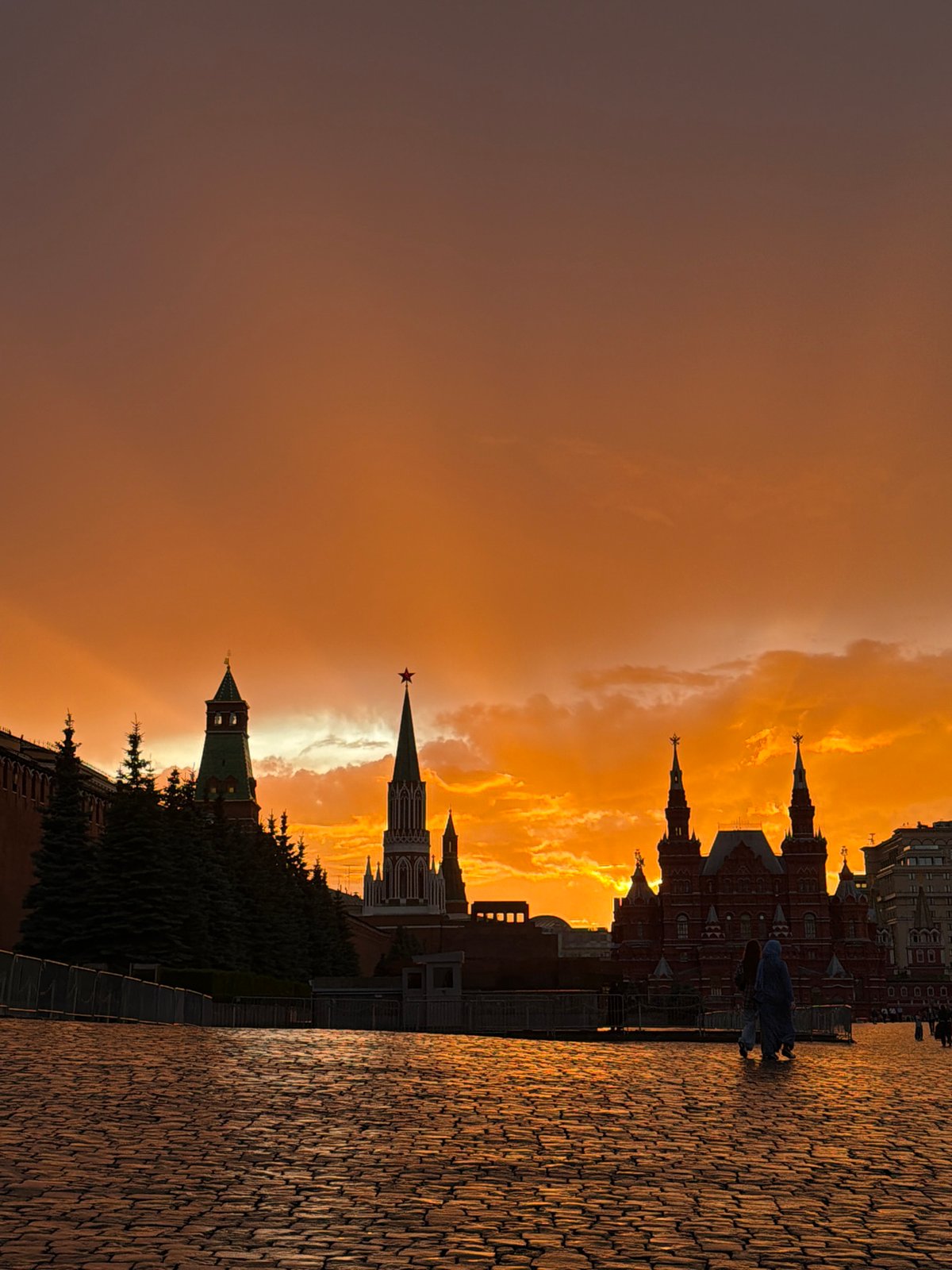 Red Square glows through a vivid Moscow sunset
