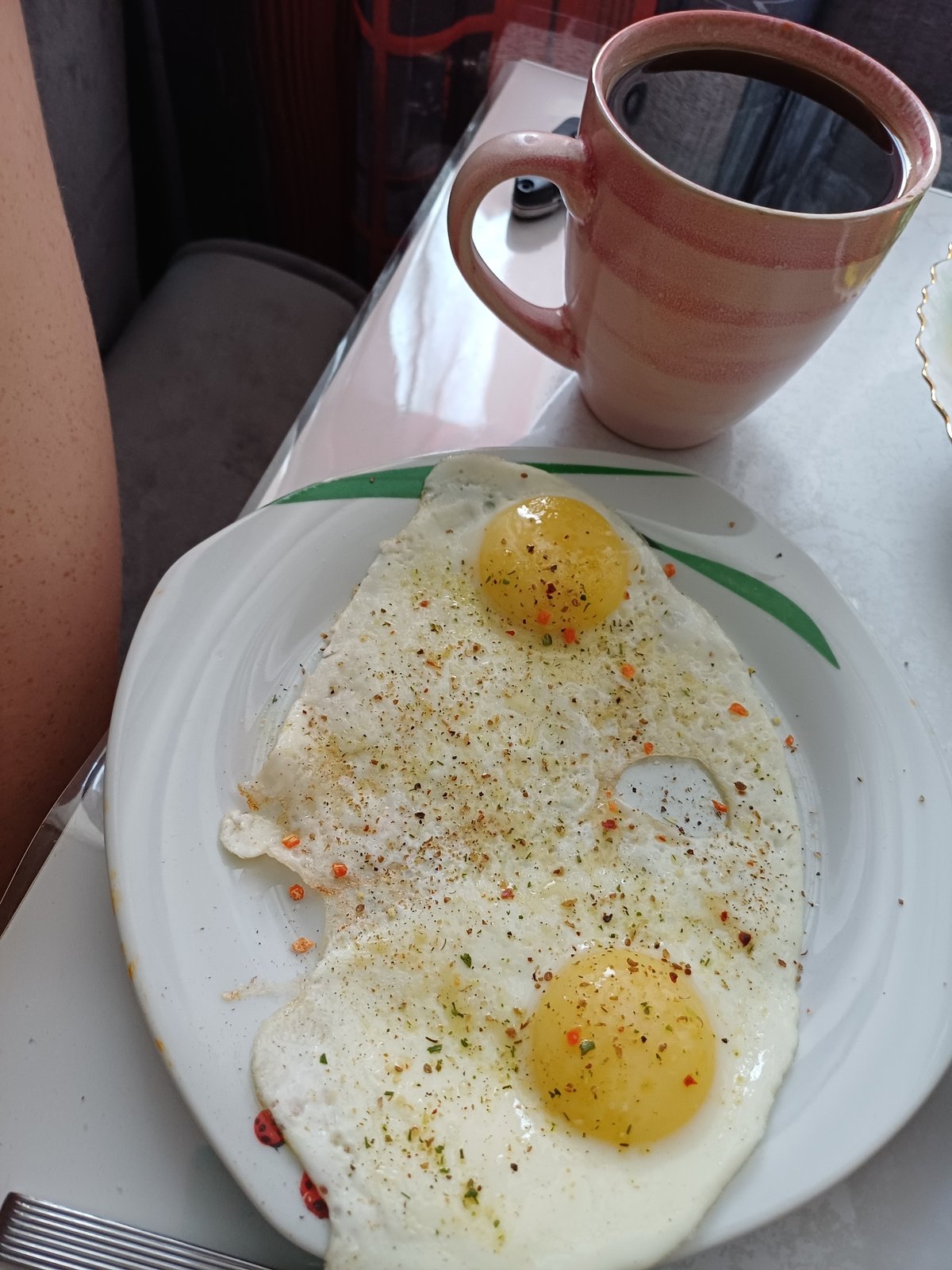 Morning breakfast spread in Novosibirsk, eggs and waffles
