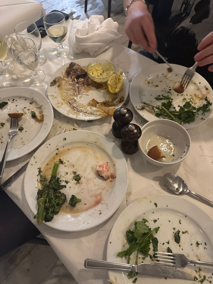Post-dinner scene captured at London restaurant table
