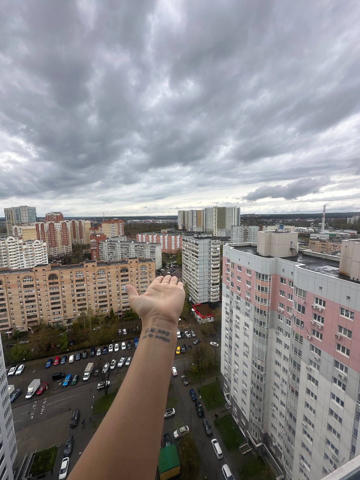 Overcast day captures typical residential scene in Khimki, Russia