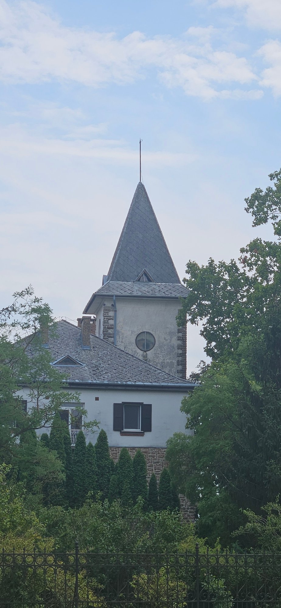 Historic turret building with conical roof in Hévíz, Hungary