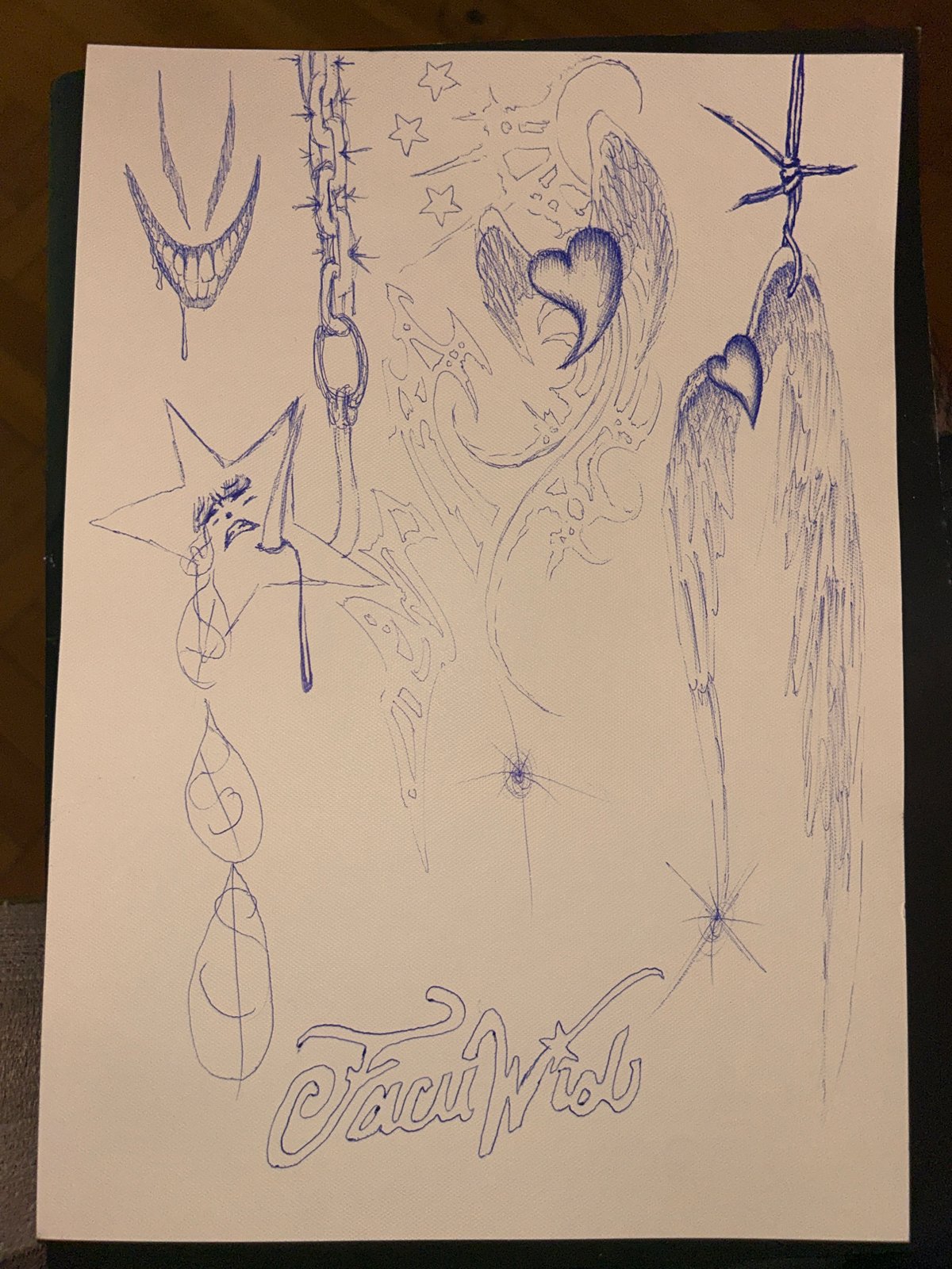 Blue ink drawing depicts barbed wire with wings in Buenos Aires