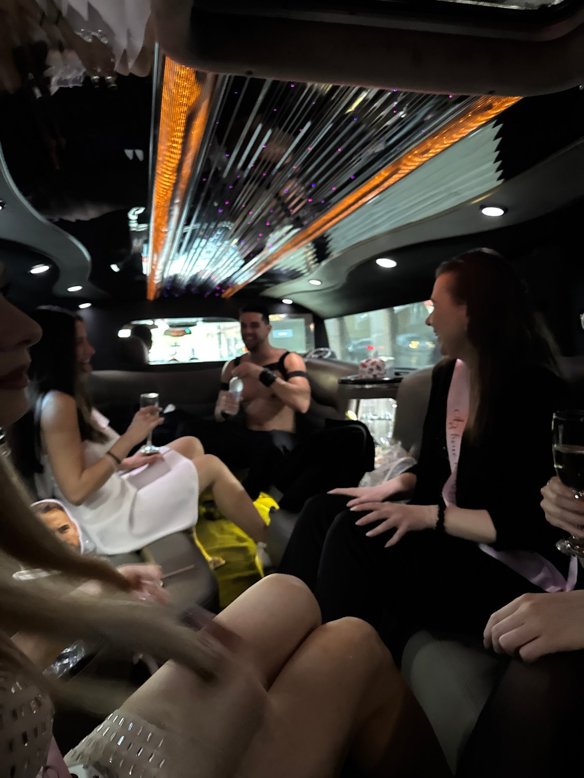 Group celebrates in limousine during evening in Sofia