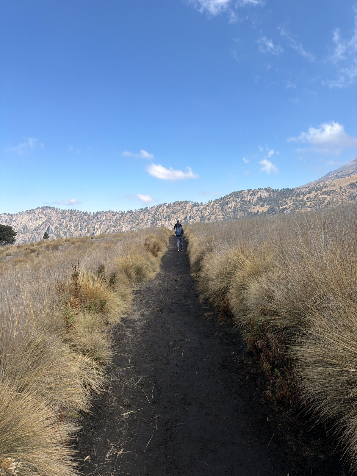Walker traverses muddy trail toward snow-capped peak near Amecameca